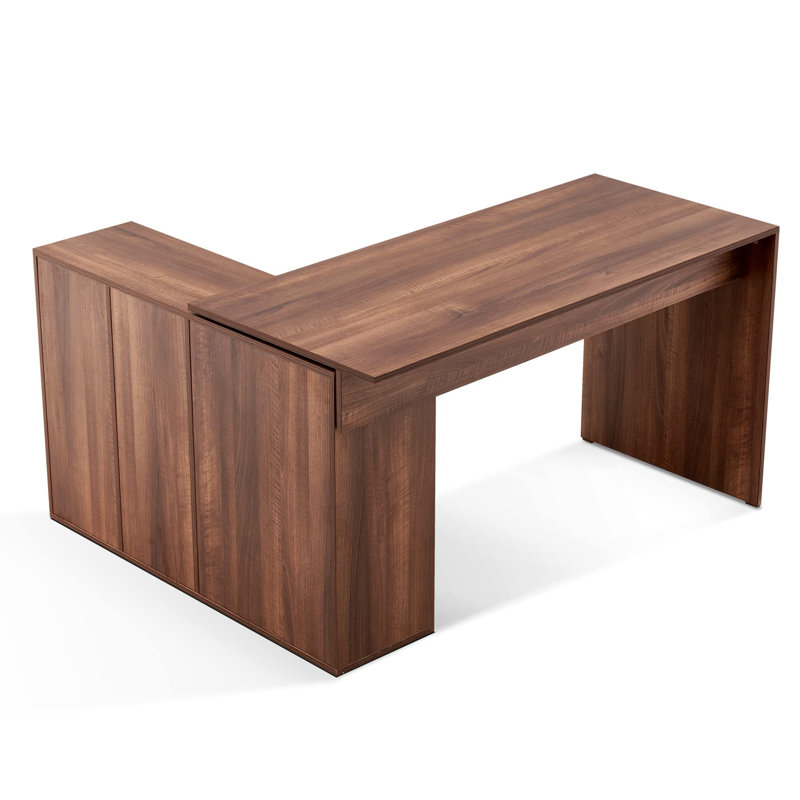 Eujin 53'' W L Shaped  Convertible Desk with Storage Drawer Printer Shelves and File Cabinet, Brown