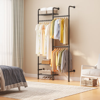 Wall-Mounted Open Garment Organizer, 2-Row Carbon Steel Clothes Rack with 3 Wire Shelves, Black Industrial Closet System