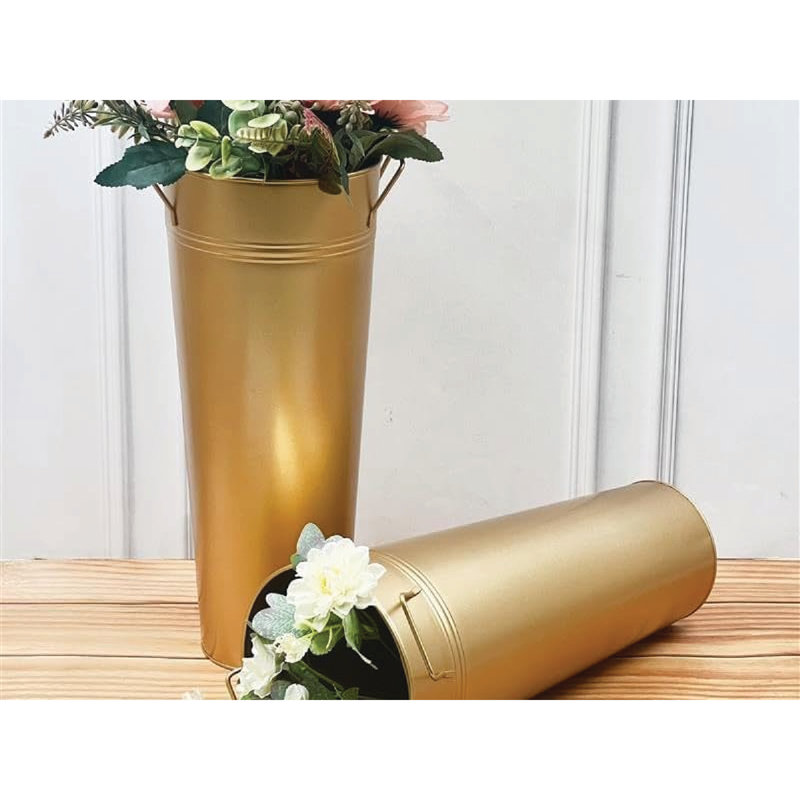 Hosley Set of 2 Gold Metal French Bucket with Handles & PVC Liner, 6" Dia x 15" H for Weddings, Parties, Country Picnics, Floral Arrangements, Tableware Storage, or Gardens - Rustic Farmhouse Décor