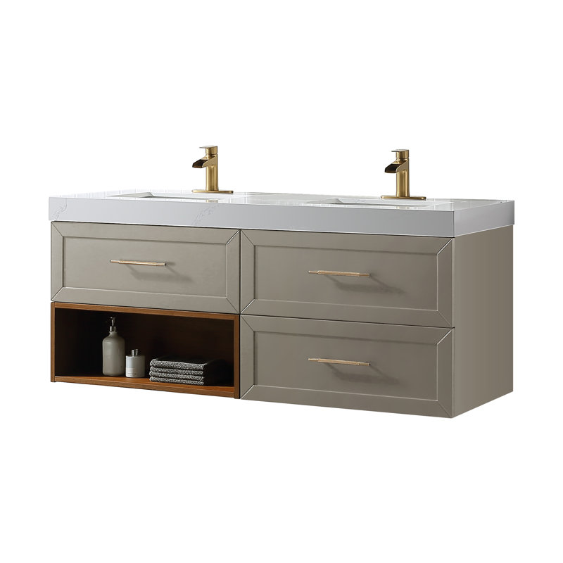 60" Wall Mounted Double Bathroom Vanity with Quartz Top, Gray