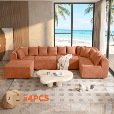 Modern Modular U-Shaped Sectional Sofa Bed, 137.7“ Convertible Velvet Couch with High Density Foam, Tool-Free Assembly for Living Room