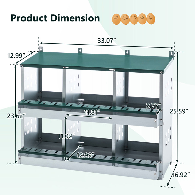 Boîte de nidification pour poules pondeuses en acier galvanisé à 6 compartiments, placement d'œufs sûr, production intérieure spacieuse, entretien facile, largeur de produit de 17 po avec espace de rangement spacieux