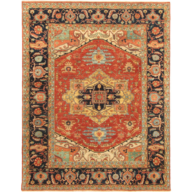 Tapis oriental en laine noué à la main bleu / orange / noir Serapi, Rectangle 5 pi 11 po x 9 pi