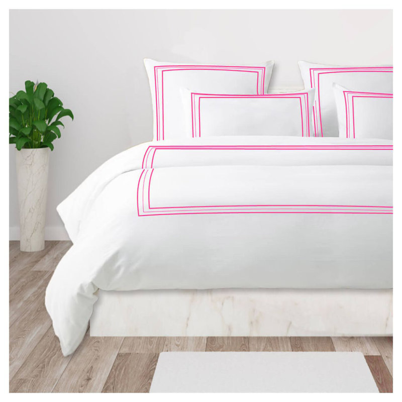 400TC Cotton Classic Embroidery Sateen Solid Duvet Cover Set, Twin XL Duvet Cover + 2 Standard Pillowcases, Pink/White