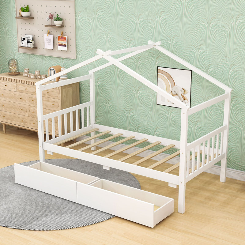 Lit simple en bois avec tiroirs, Blanc