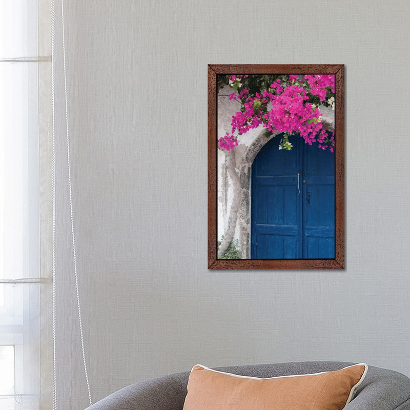 Greece, Santorini Weathered Blue Door Is Framed by Bright Pink Bougainvillea Blossoms 1 Piece Floater Frame Wall Art on Canvas
