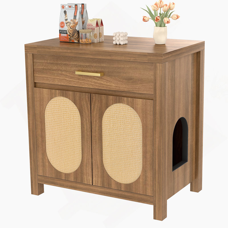 Armoire décorative en bois, boîte à litière pour chat, meubles cachés pour litière avec portes à griffes et tiroir de rangement
