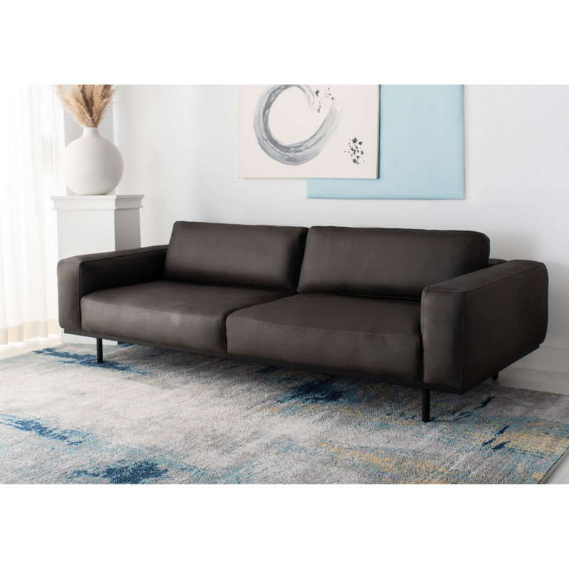 Graphite Black Leather Track Arm Sofa, 97"