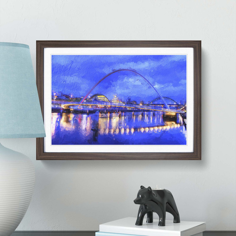 Millennium Bridge in Newcastle - Picture Frame Painting Print, 27cm H x 36cm W x 2cm D, Walnut Framed