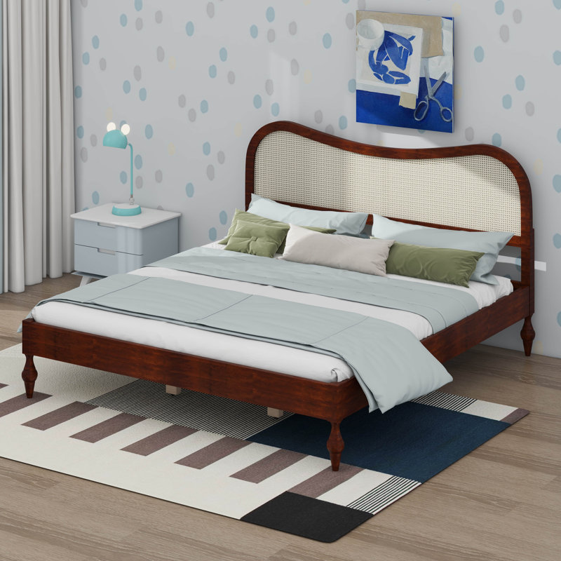 Base de lit plateforme Boho avec tête de lit en rotin Arc, Très grand lit, Noyer