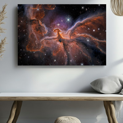 Toile, "Une scène cosmique à couper le souffle", mettant en vedette une nébuleuse tourbillonnante, art mural avec oranges ardentes et mauves profonds, art mural sur toile