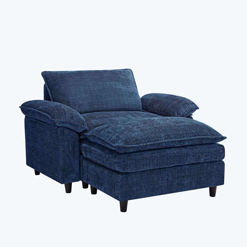 Chenille Upholstered Oversized  Armchair with Ottoman, Blue Chenille