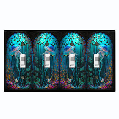 Cute Jelly Fish Blue Glass Art Print Copper Rust Patina Teal Print 4 - Gang Toggle Light Switch Standard Wall Plate