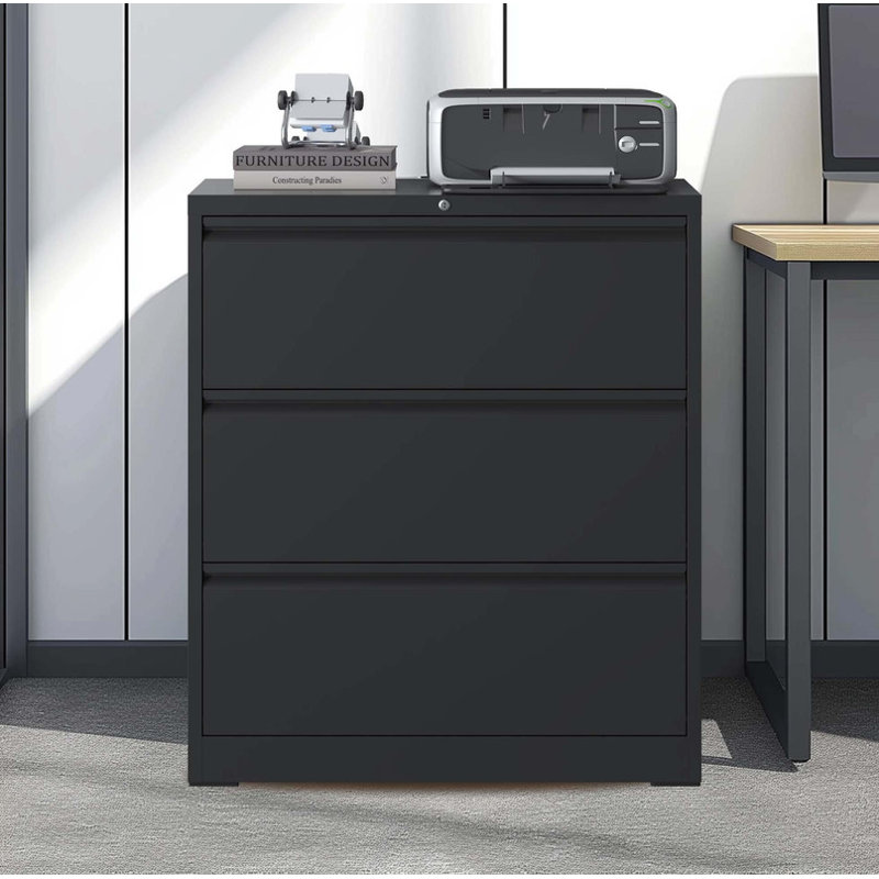 3-Drawer Lateral File Cabinet - Black Locking Metal Storage for A4/Legal Files