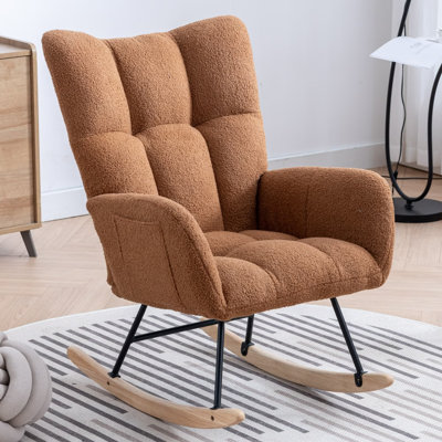 Chaise berçante avec poche, chaise berçante en tissu doux pour chambre de bébé, chaise berçante confortable à oreilles avec base en bois massif pour le salon, la chambre et le balcon (vert)