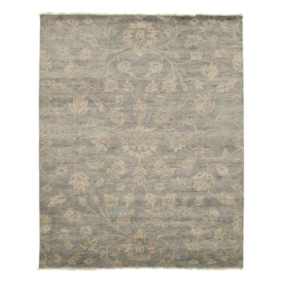 Tapis olive / vert en coton / laine noué à la main 7 pi 9 po x 9 pi 11 po Floral