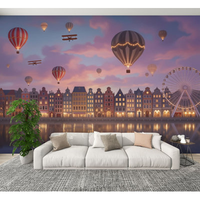 Papier peint adhésif rétro vintage avec montgolfières fantaisistes, paysage urbain paisible, grande roue, avion, peintures murales, H 100 po x l 144 po, papier peint amovible en PVC, adhésif mural pour le salon de la chambre à coucher