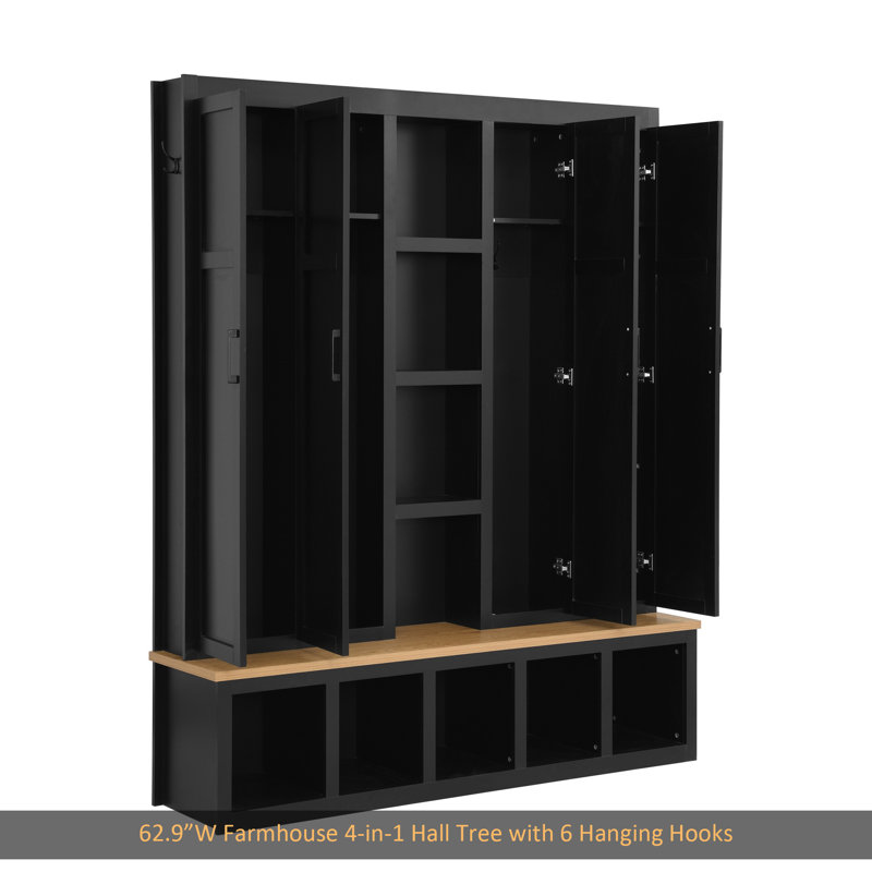 Arbre d'entrée 4 en 1 de 62,9 po de style campagnard avec 6 crochets de suspension, banc à grain de bois pour vestibule avec compartiments ouverts, armoire à chaussures pour l'entrée avec banc de sièges pour le salon, couloir, noir
