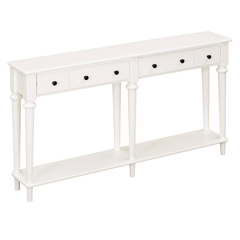 Console en blanc. 4 tiroirs et une tablette ouverte. Style rustique rétro avec pin. Fabriqué à partir de matériaux décoratifs pour la maison. Finition pin. Décoration de chambre différente