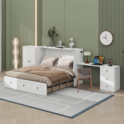 Grand lit escamotable avec port USB, grand tiroir et armoire / bureau
