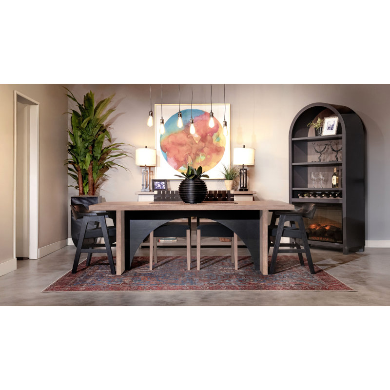 Modern Rectangular Arch Table Woven-Back Dining Set with Barrel-Arm Captain Chairs