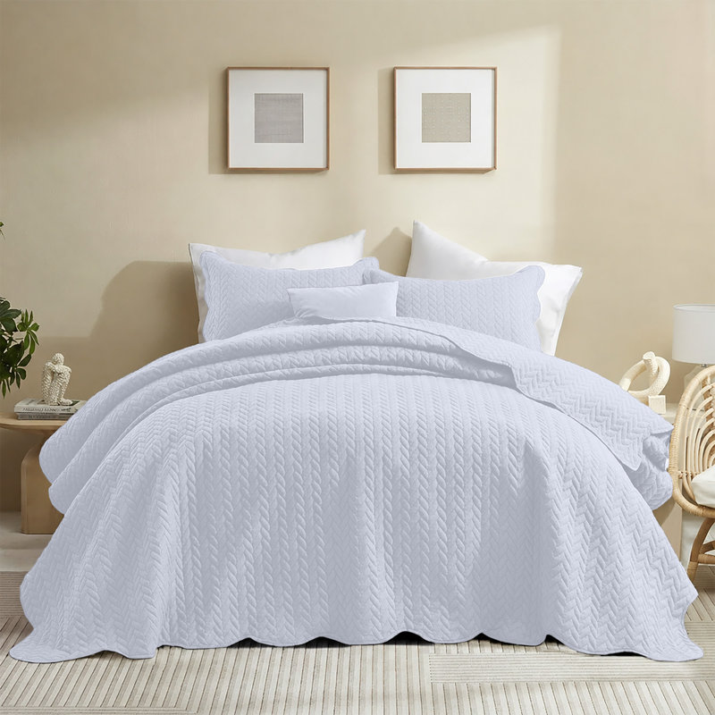 Microfiber Embossed Oversized Modern & Contemporary Bedspread Set With Shams, White, Full Bedspread + 2 Pillowcases