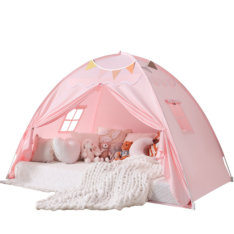 Large Kids Teepee Tent with Star Lights & Flags - Indoor Toddler Playhouse for Boys & Girls | Canopy for Playroom, Bedroom - Perfect Gift Toy (Pink)