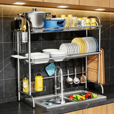 Stainless Steel 3-Tier Over Sink Dish Drying Rack With Utensil Holder