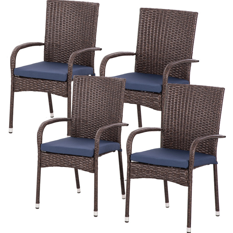 Chaises d'extérieur empilables avec coussins. 4. Pe. Et pour le patio. Crème / bleu Eau. L 22 po x P 23,5 po x H 37,5 po. Capacité de 264 lb. Coussins de salle à manger, 4. et dossiers à assembler. Assemblage requis. 22 po