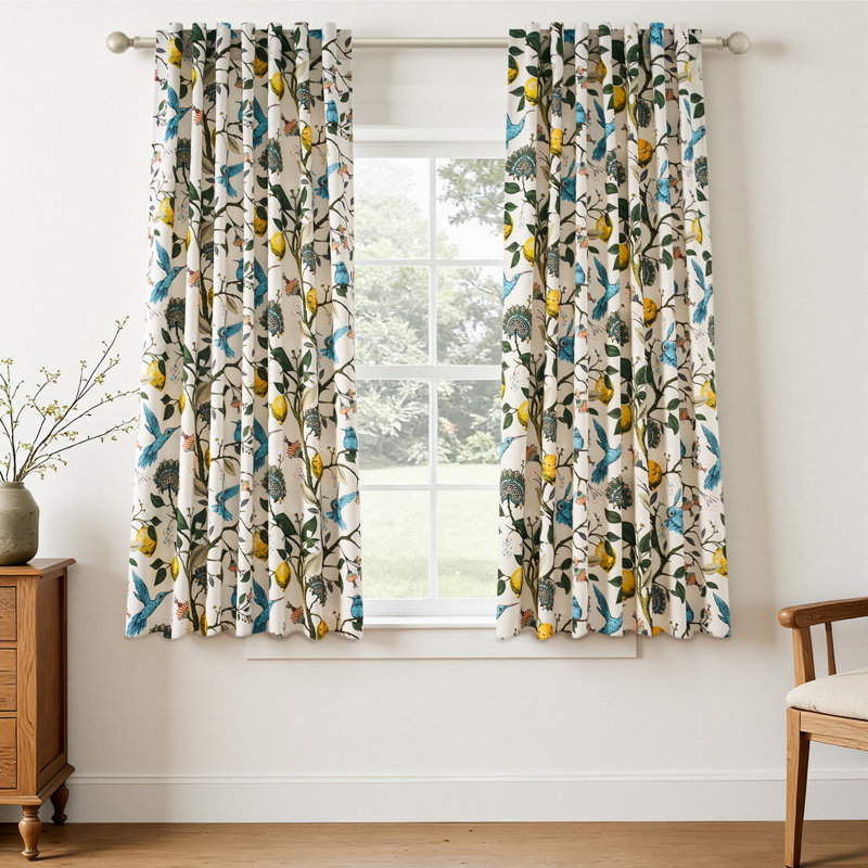 Fancy Hummingbird Patterned Room Darkening Curtain,Rod Pocket Back Tab Floral Drapes,Set of 2, 52" W x 63" L, Beige