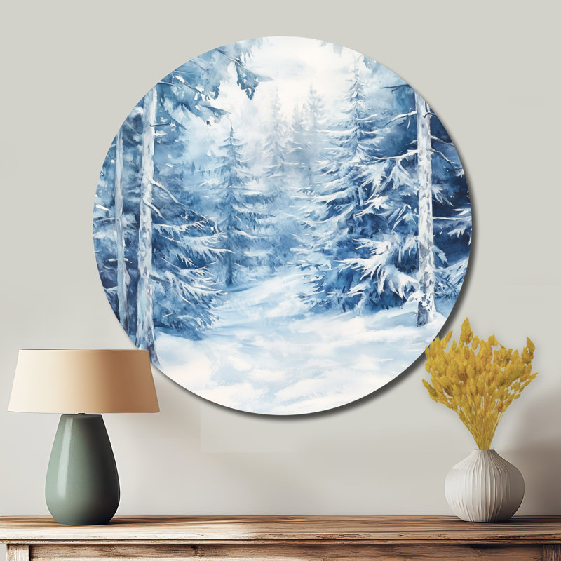«Winter Pines Under Snow - Forest», art mural rond en métal, L 23 po x H 23 po