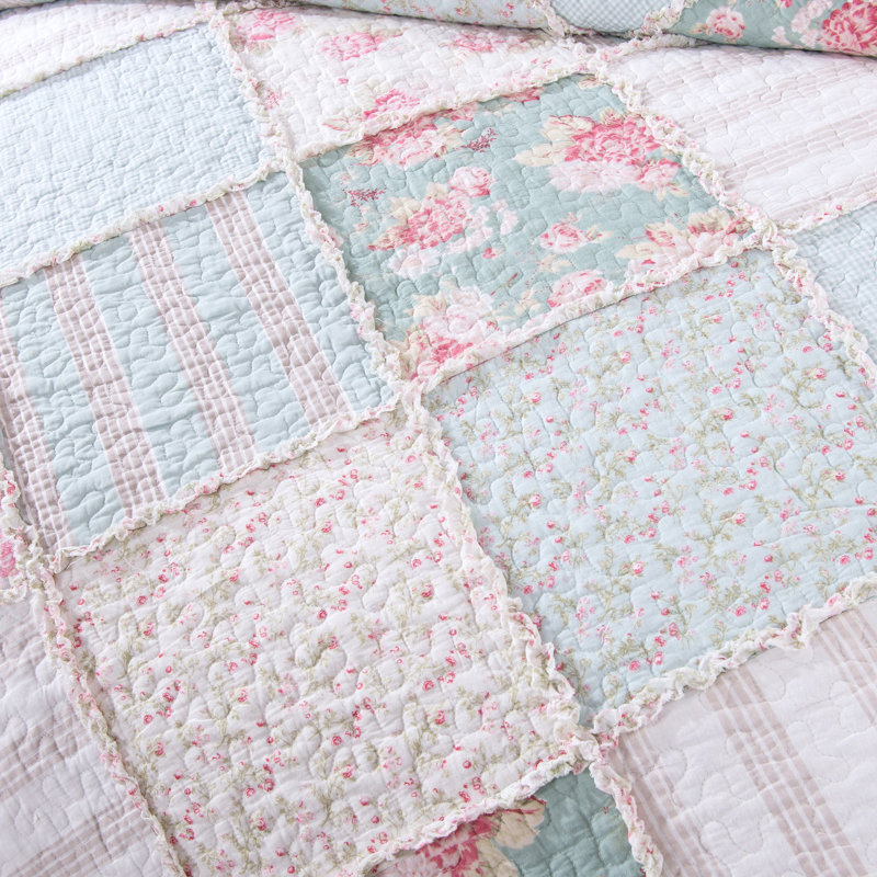 Ensemble de couvre-lit / campagnard réversible patchwork bleu menthe / vert / rose, Grand