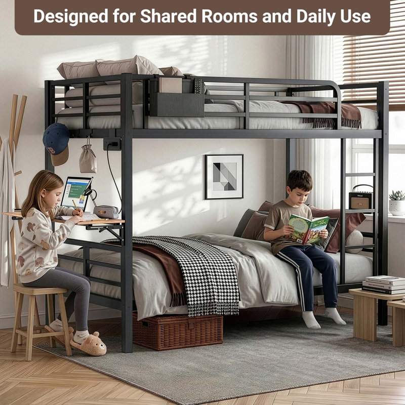 Twin Over Twin Bunk Bed with Foldable Desk and Charging Station, Metal Bunk Bed with LED Lights for Small Spaces