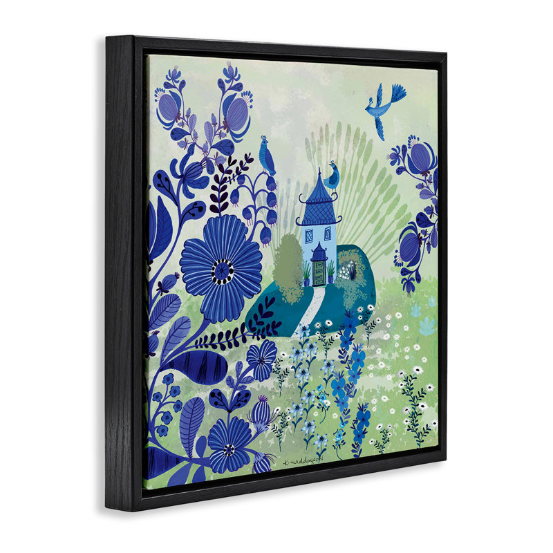 Whimsical Blue Garden Floating Frame, design by Kay Widdowson, 18" H x  18" W, Jet Black Floater Frame