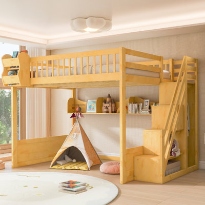 Queen Size Wooden Loft Bed with Staircase, Wardrobe, Storage Shelves, Under-Bed Space, Natural