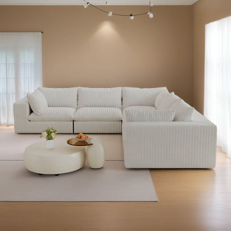 Boneless 118x118" Modular Cloud Sofa in Corduroy, 5-Seat Feather Cushion Sectional Deep Seat, White