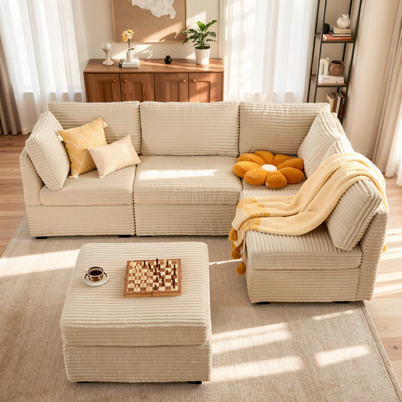 Canapé modulaire en velours côtelé moelleux avec repose-pieds mobile 95,05 po Hogle, Velours côtelé beige moelleux
