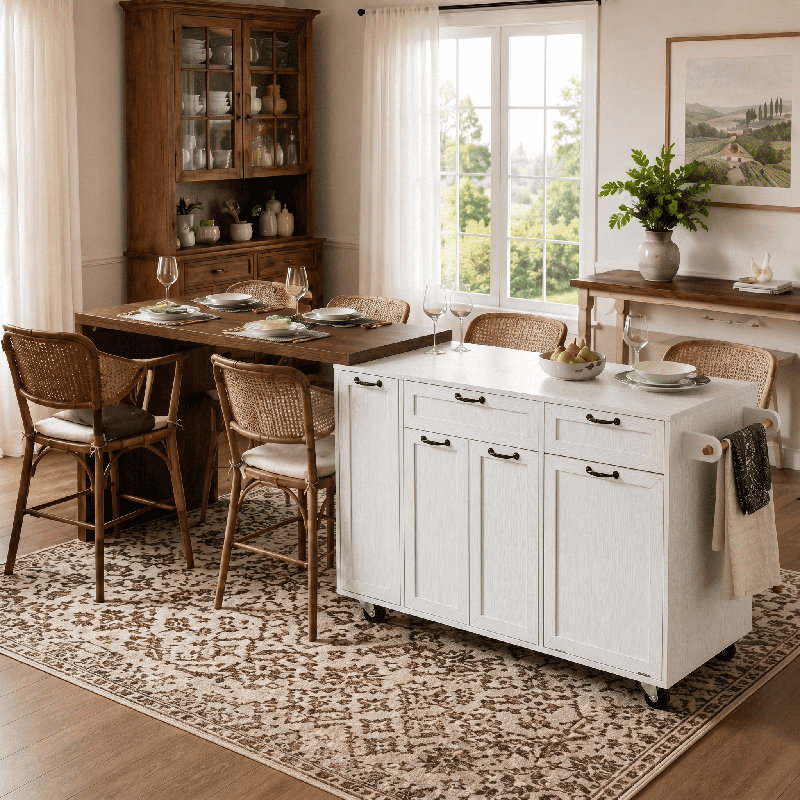 Îlot de cuisine de 102 po avec table de salle à manger et armoire de rangement pour déchets, White