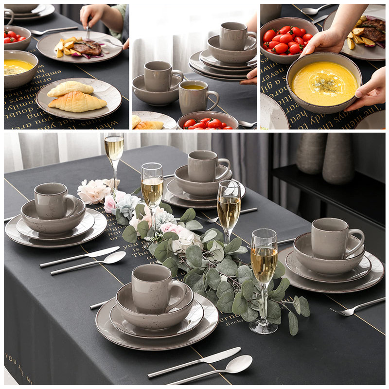 Aayah Ceramic Dinnerware Set 16 Piece - Service for 4, Grey/Brown/Blue