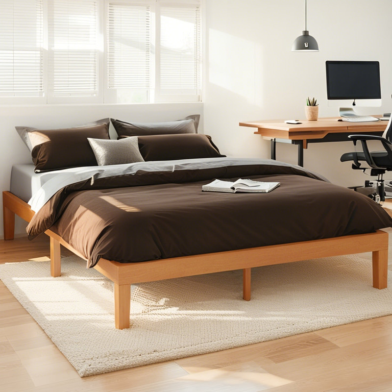 Wood Bed Frame, Wooden Platform Bed Frame with Support Slats for Bedroom, Queen