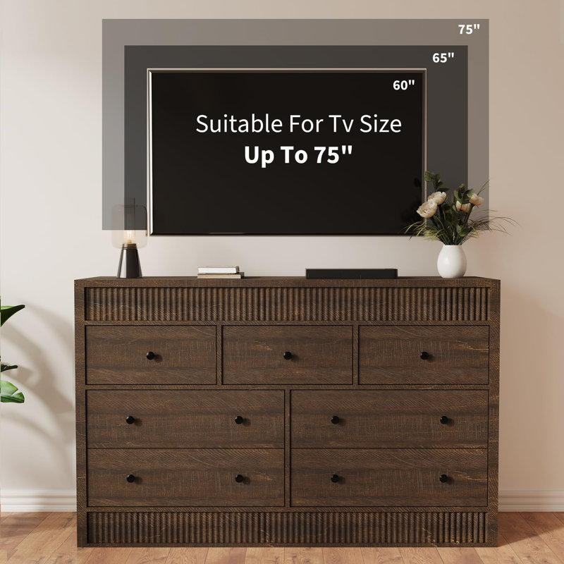Fluted 7 Drawer Wooden Dresser, 54" Wide Modern Storage Chest for Bedroom or Living Room, Walnut