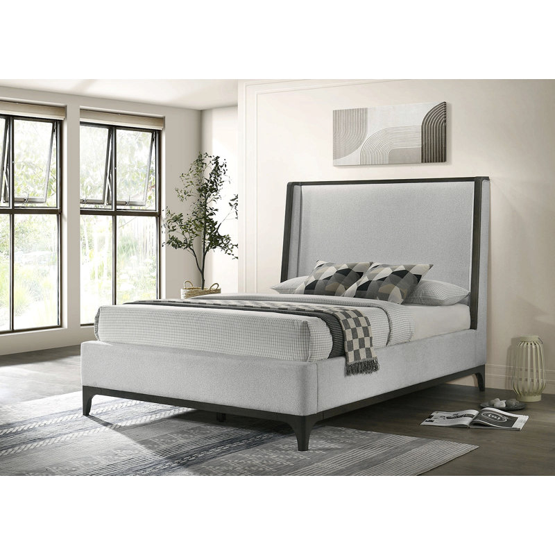 Upholstered Wing Back Design Bed Gray Wooden Trim Premium Fabric Bedroom Furniture, King