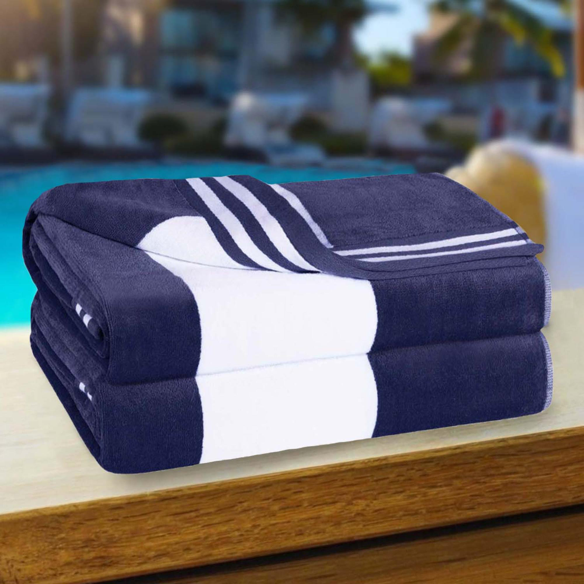 Calheta Cotton Oversized Cabana Stripe Beach Towels, Blue, 2