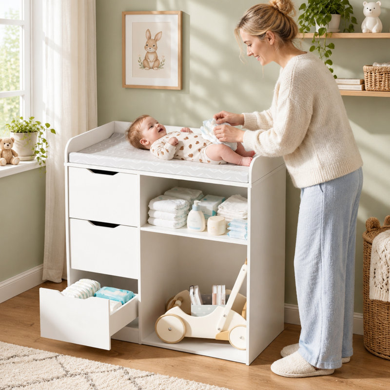Commode à langer en bois blanc avec 3 tiroirs, table à langer pour chambre de bébé