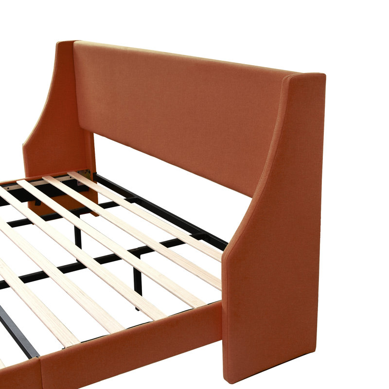 King Platform Bed Frame with Deluxe Wingback Frame / Upholstered with Headboard / Wood Slat Support / Box Spring / Peacock Green