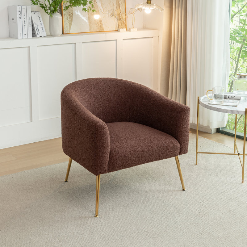 Fauteuil demi-tonneau Jameila, Fausse fourrure brune, 1, Doré