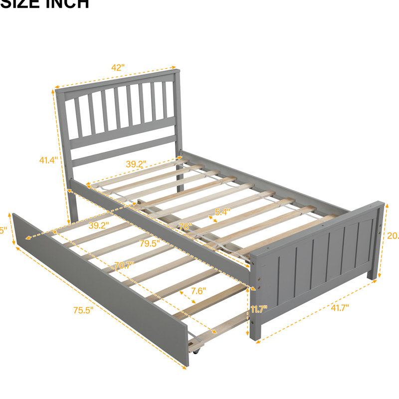 Lit plateforme simple en bois avec lit gigogne gris - Fabrication solide pour un lit gigogne classique, meubles confortables et fonctionnels