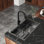 Évier de cuisine 28/30/32 po pour station de travail, évier simple encastré en acier inoxydable à revêtement nano noir SUS304 avec robinet rétractable, égouttoir à vaisselle réglable et ensemble de drainage complet