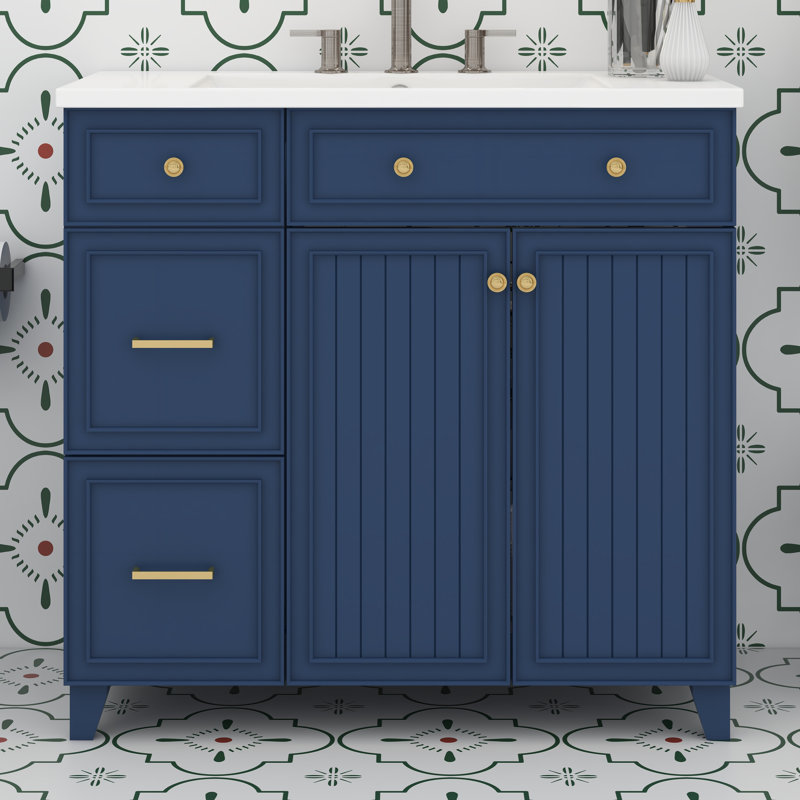 36" Bathroom Vanity With Ceramic Sink, Standard And Double-Layer Drawers, Soft Close Doors, Adjustable Shelves, Blue