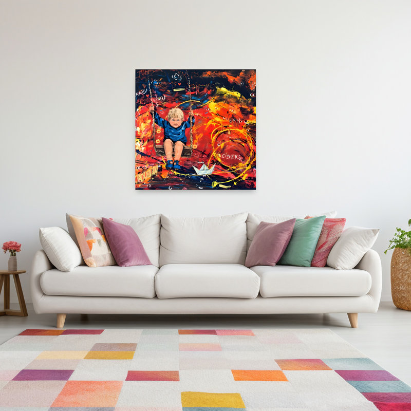 Garçon sur une balançoire colorée, art abstrait expressionniste coloré, 48" H x 48" W